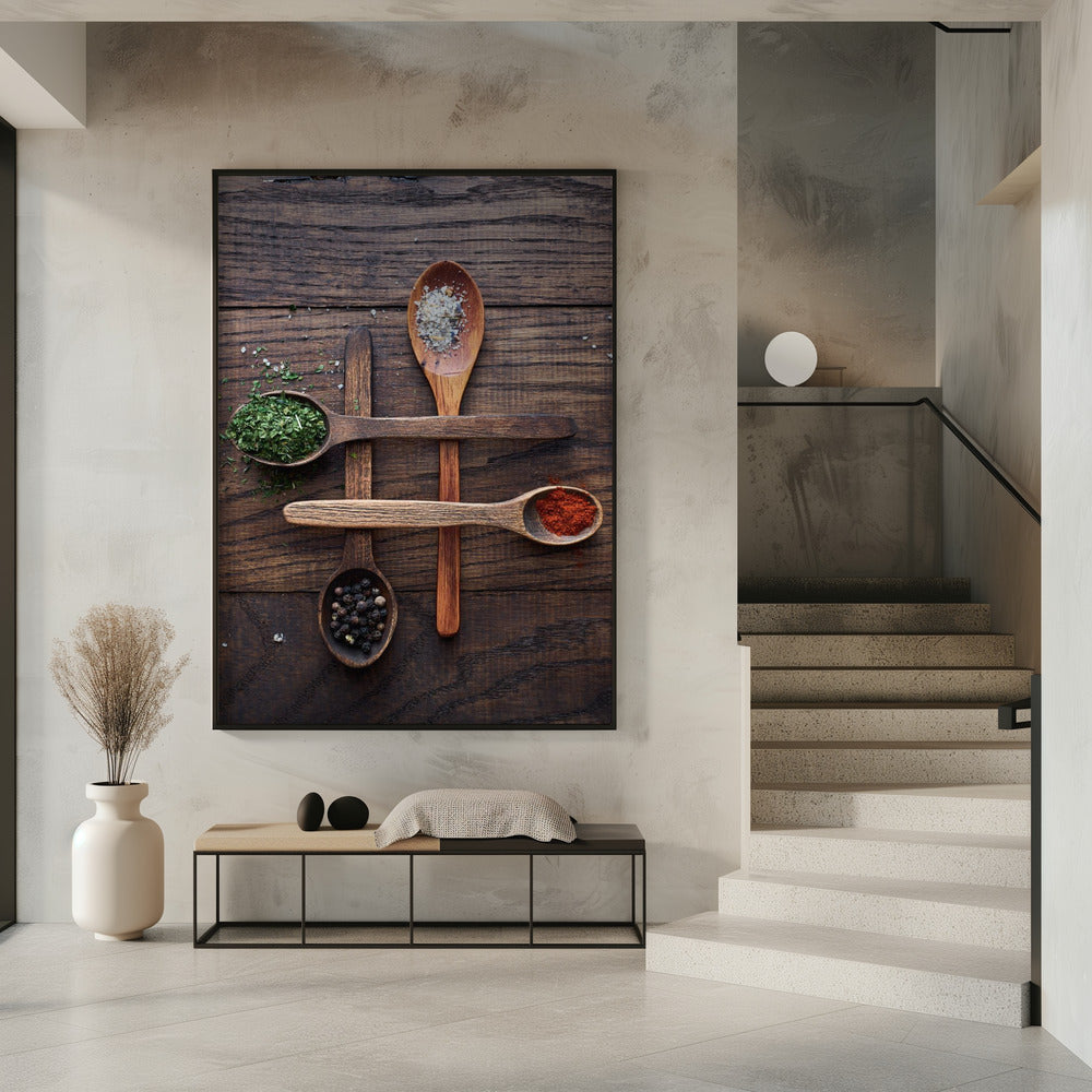 Holzlöffel mit bunten Gewürzen | Poster