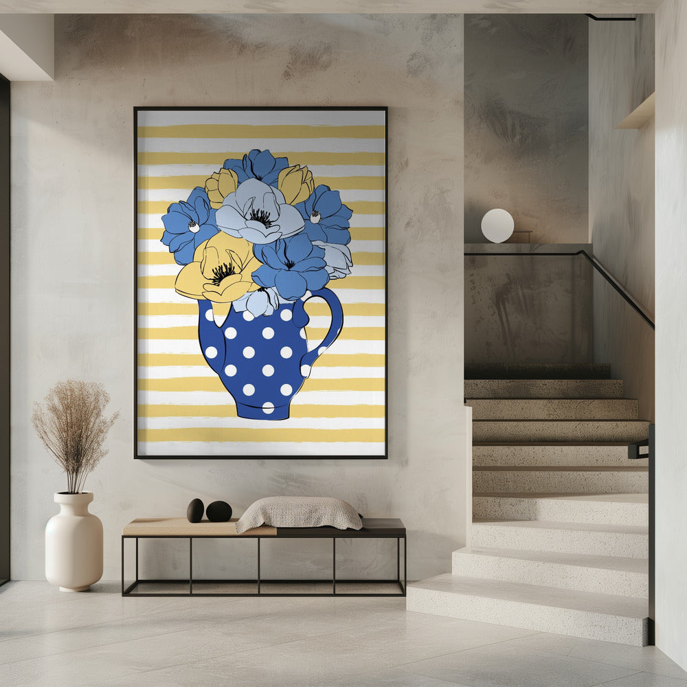 Blaue und gelbe Blumen in einer gepunkteten Vase | Poster