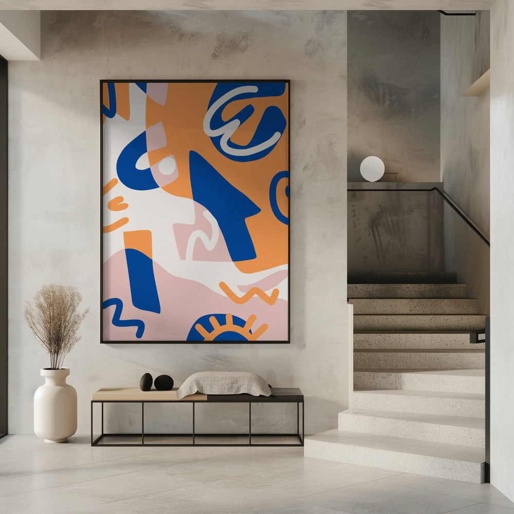 Abstrakte Formen in Blau und Orange | Poster