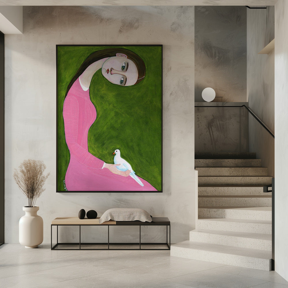 Mädchen mit Taube sitzend im rosa Kleid | Poster
