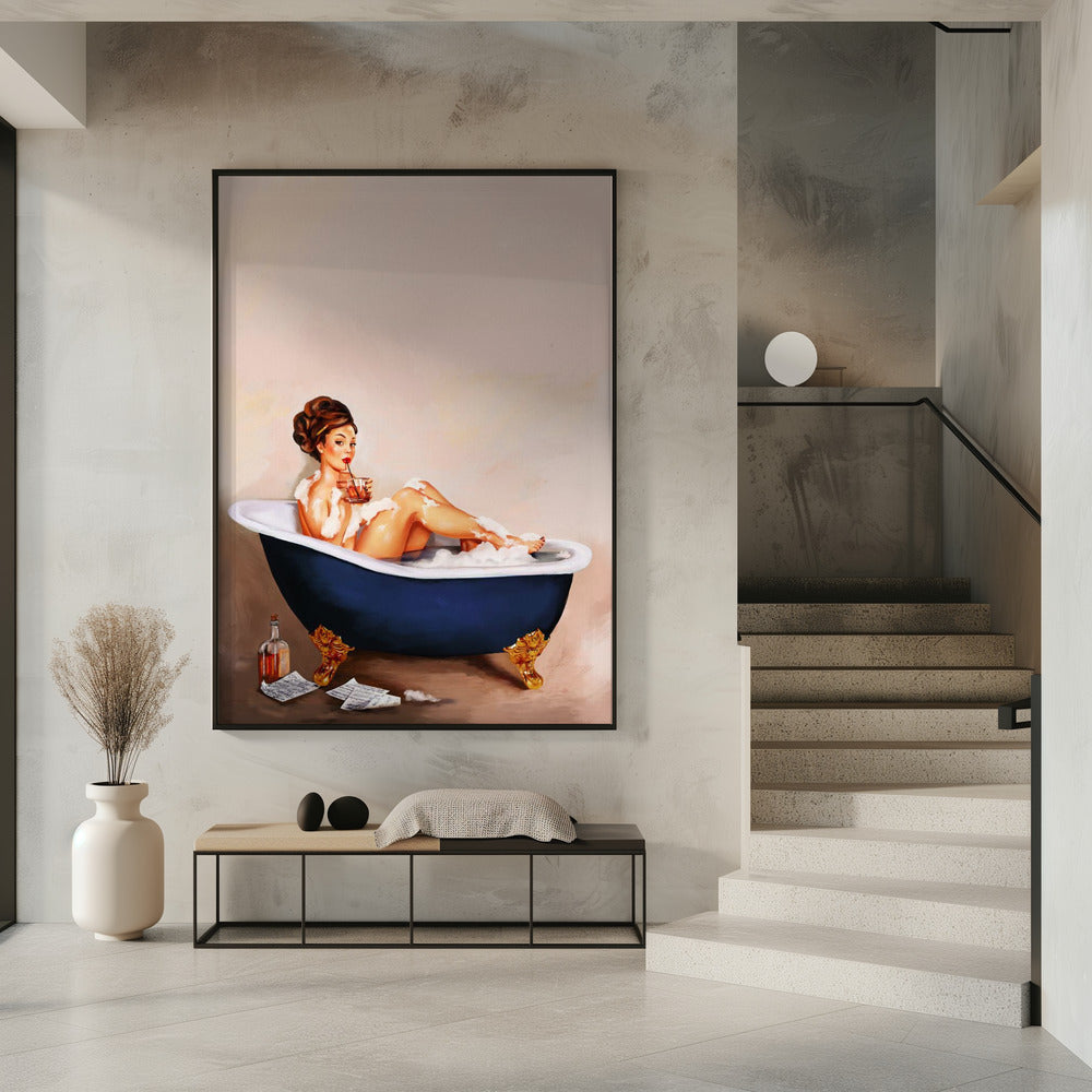 Badewannengetränke: Pinup-Girl trinkt im Badezimmer | Poster