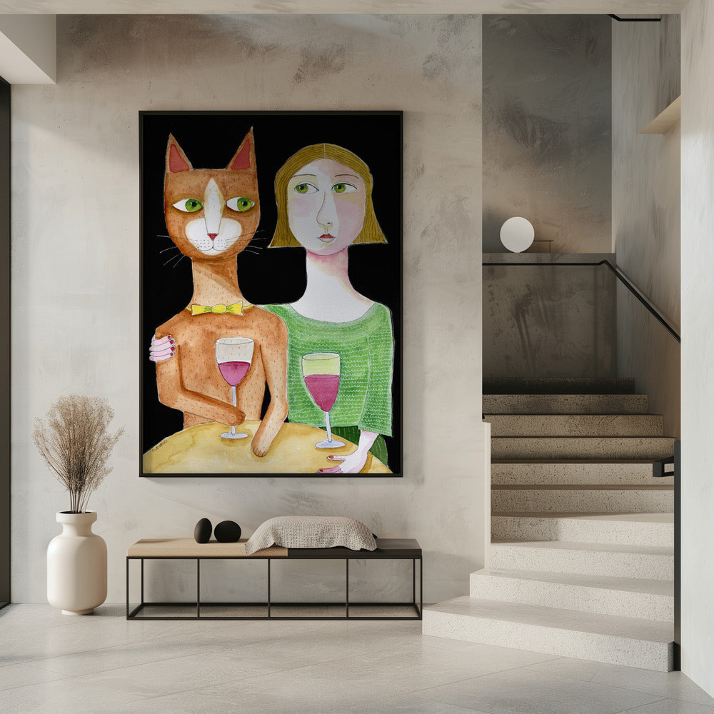 Beste Freunde Katze und Dame trinken Wein | Poster