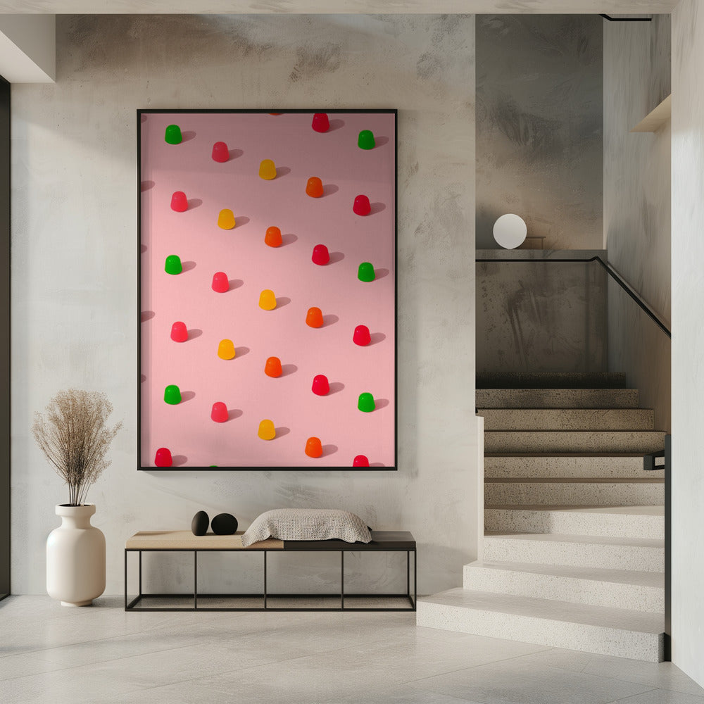 Punkte-Bonbon-Gummitropfen – sich wiederholendes Muster auf rosa Hintergrund | Poster