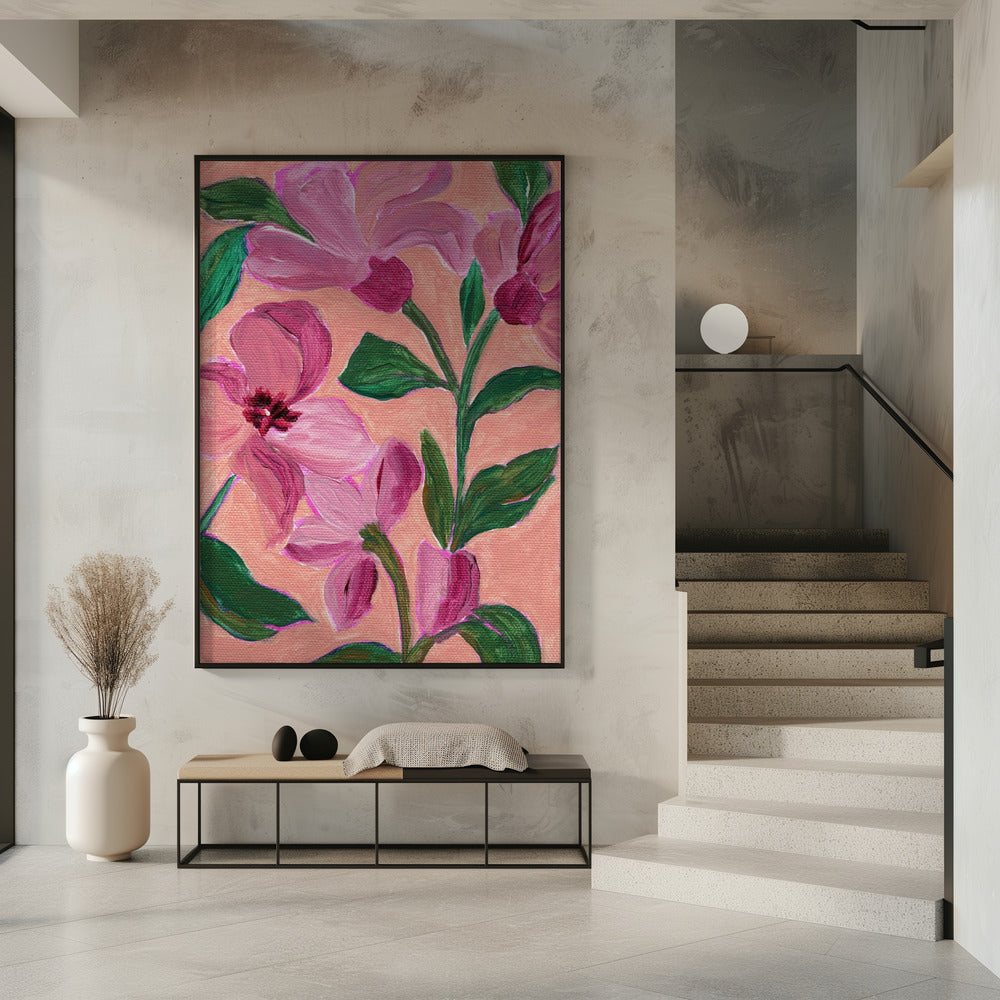 Pink Flowers With Bold Green Leaves | Poster