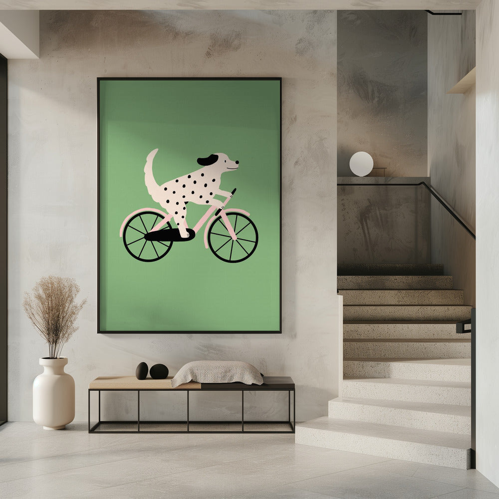 Gefleckter Hund beim Fahrradfahren | Poster