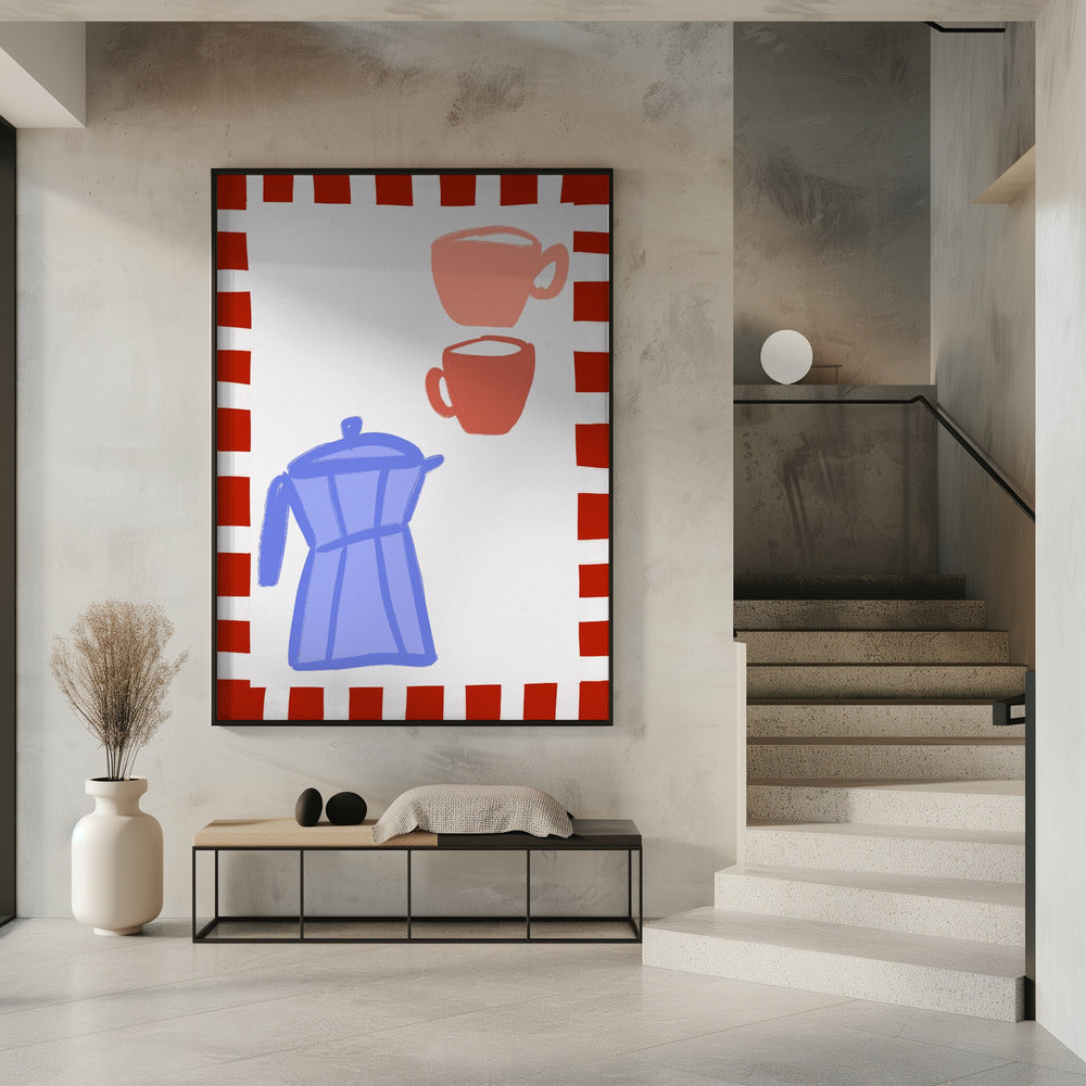 Minimalist Blue Coffee Pot and Two Pink Cups | Poster
