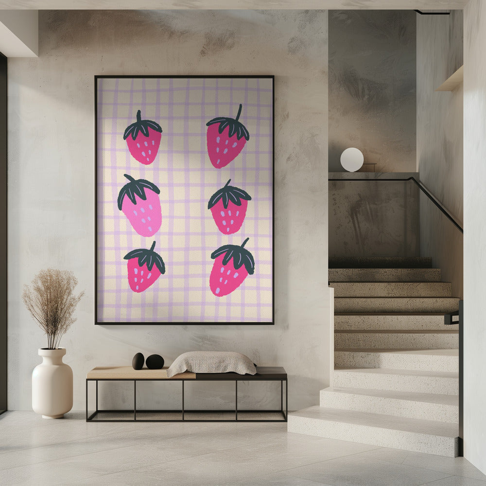 Abstrakte Erdbeeren auf einem Gittermuster | Poster