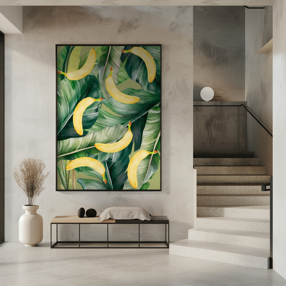 Fresh Banana &amp; Lush Tropical Leaves Aesthetic Pattern - Natural Watercolor Design | Poster