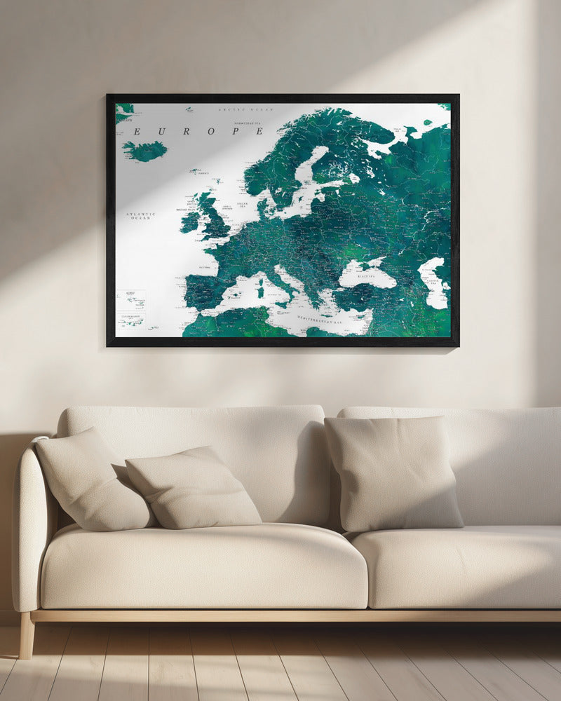 Blaugrüne detaillierte Europakarte | Leinwand
