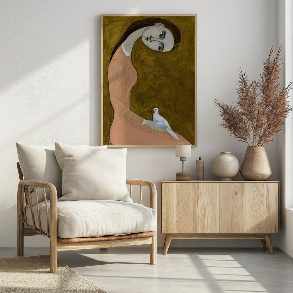 Mädchen mit Taube sitzend im rosa Kleid | Poster