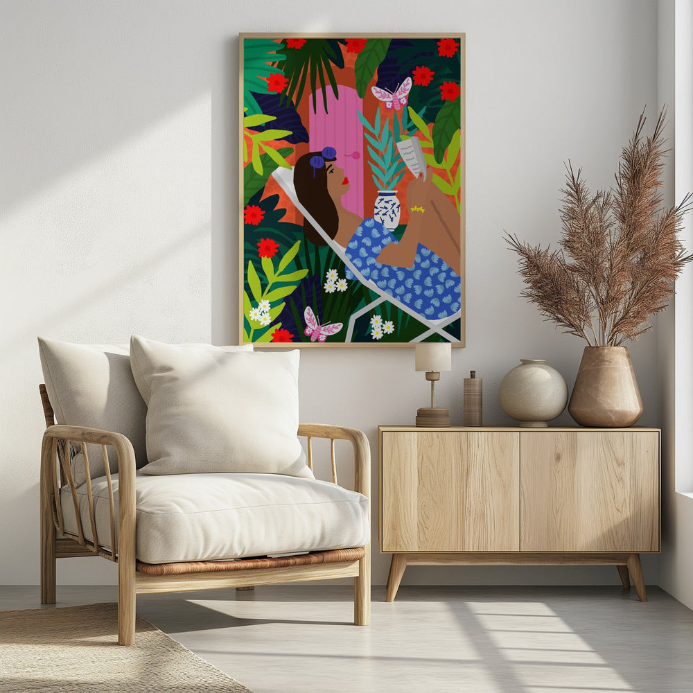 Sonnenbadendes Mädchen mit Blumenmuster | Poster