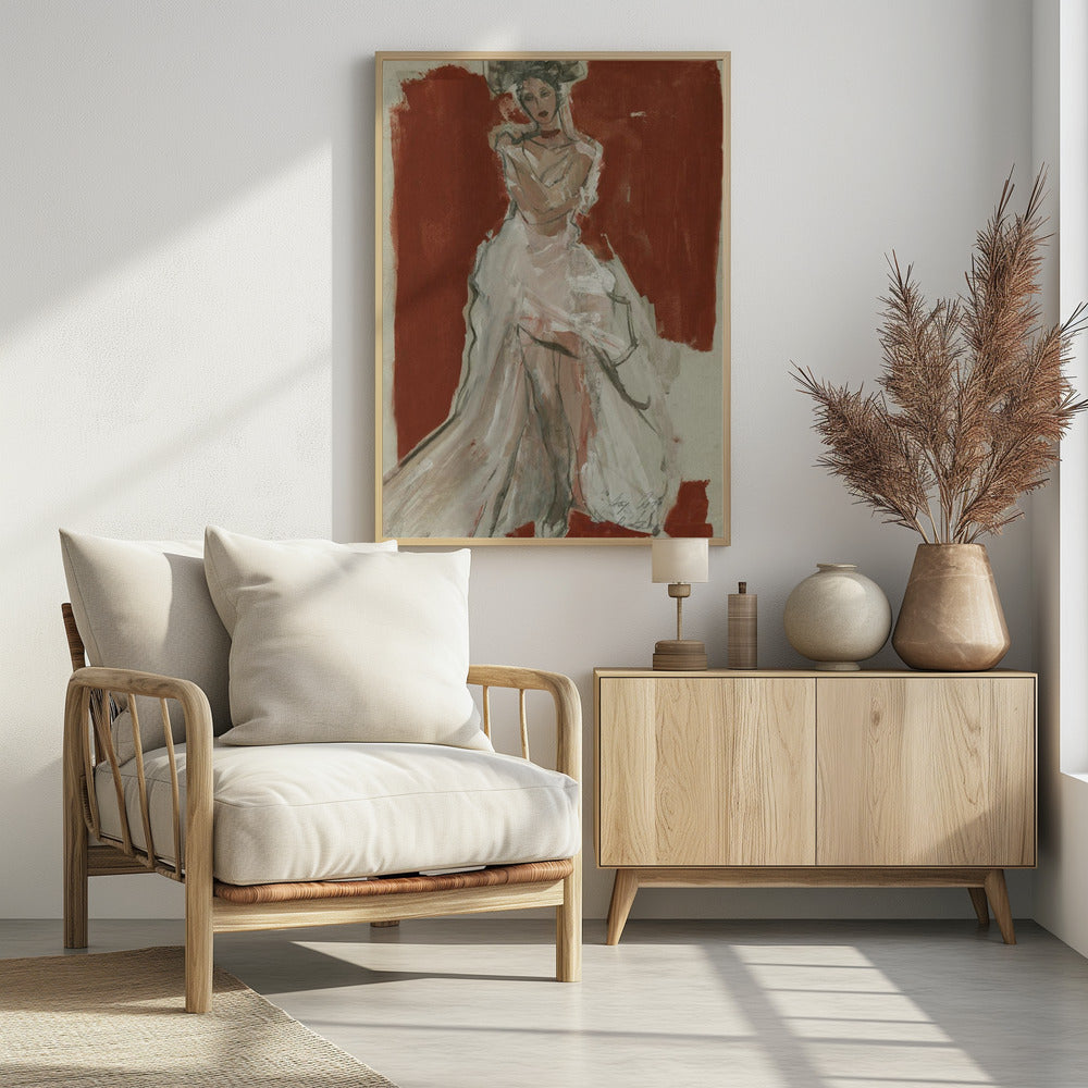 Stilvolle Frau in einem fließenden weißen Kleid | Poster