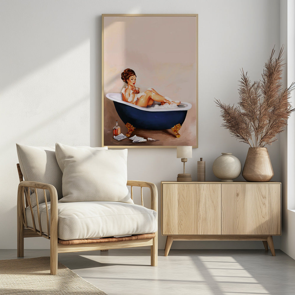 Badewannengetränke: Pinup-Girl trinkt im Badezimmer | Poster