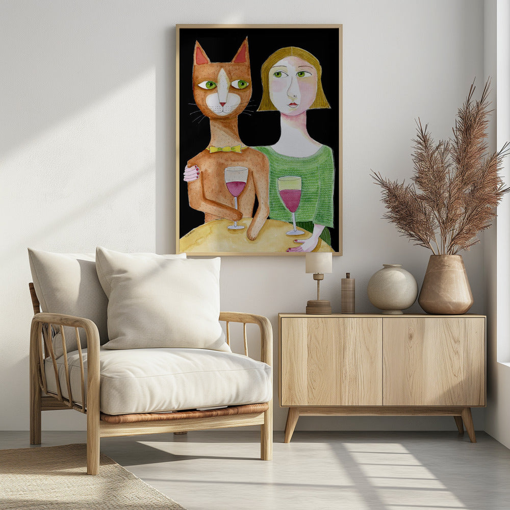 Beste Freunde Katze und Dame trinken Wein | Poster