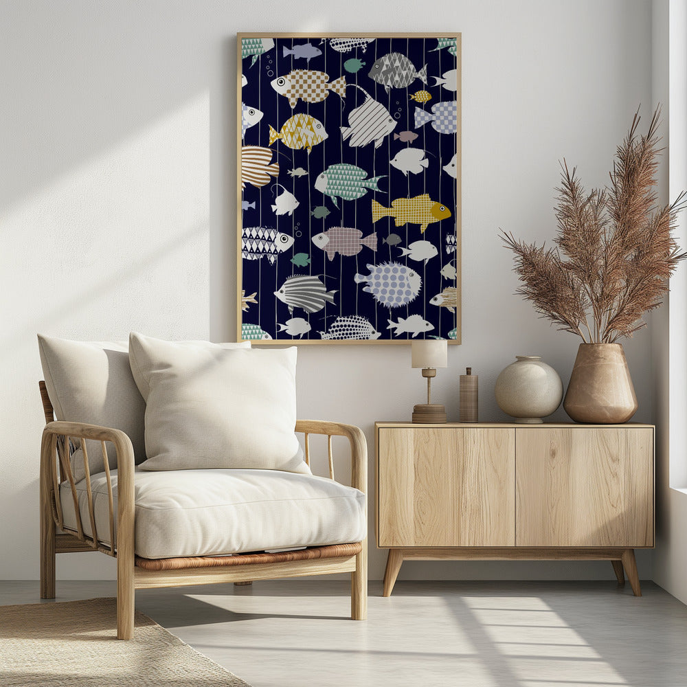 Fresh fish on dark navy blue pattern | Poster