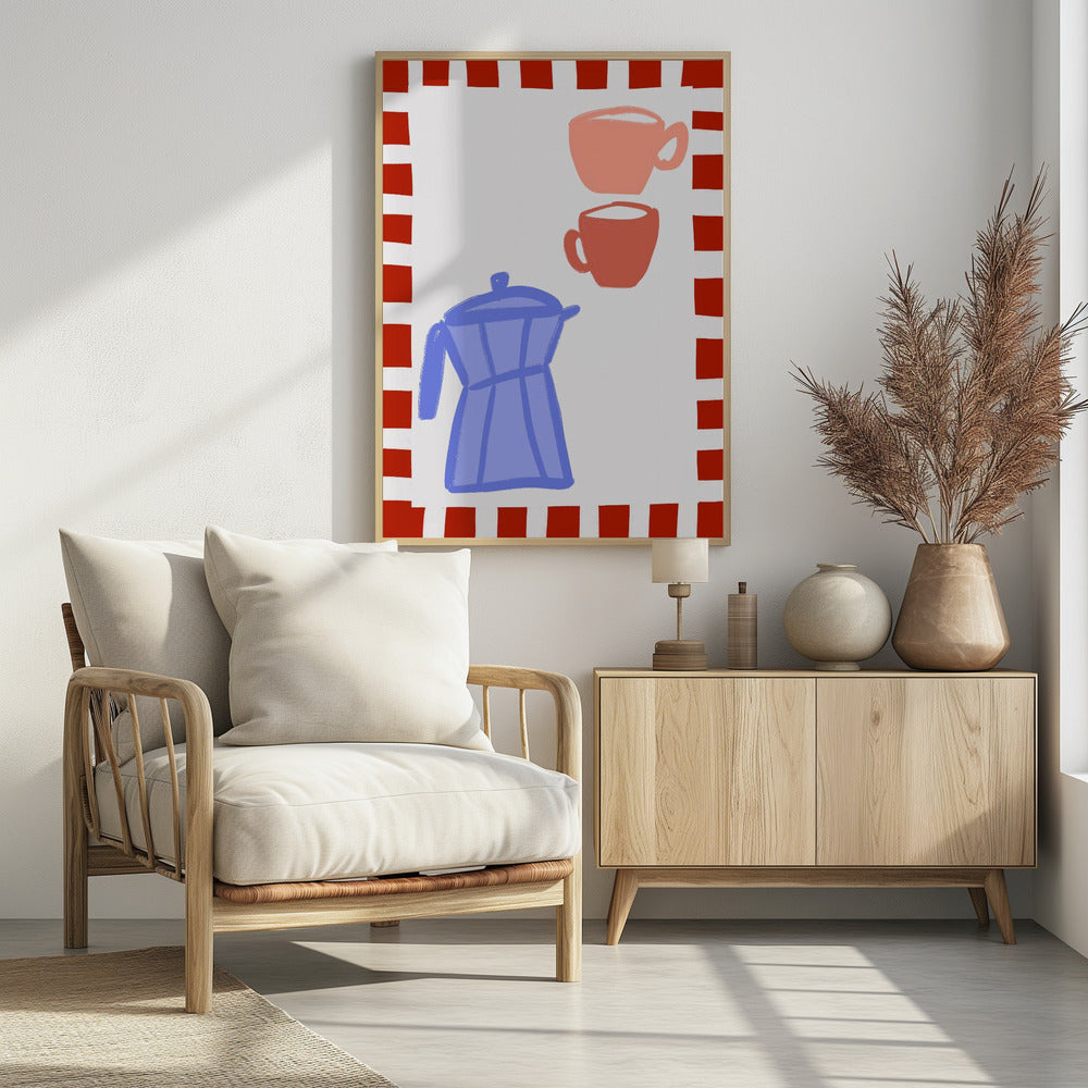 Minimalist Blue Coffee Pot and Two Pink Cups | Poster