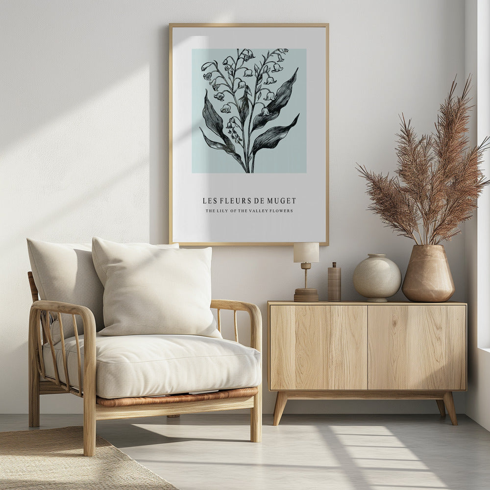 Maiglöckchenblüten in einer monochromen Illustration | Poster