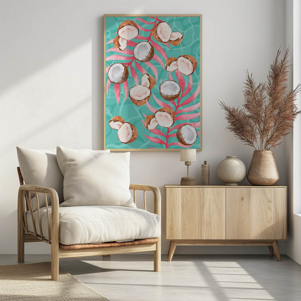 Pink Tropical Coconut &amp; Palm Leaves Aesthetic Pattern - Modern watercolor | Poster