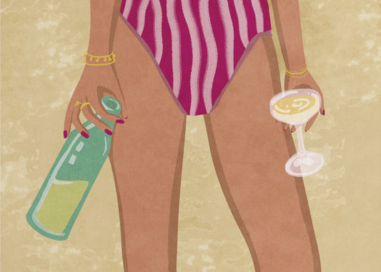 Mädchen mit Wein am Strand | Leinwand