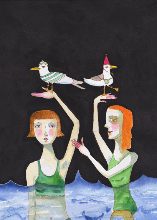 Beste Freunde schwimmen mit Vögeln | Leinwand