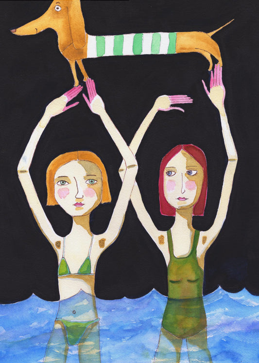 Swimming Girls with Sausage Dog | Canvas
