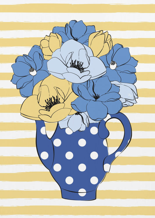 Blaue und gelbe Blumen in einer gepunkteten Vase | Poster