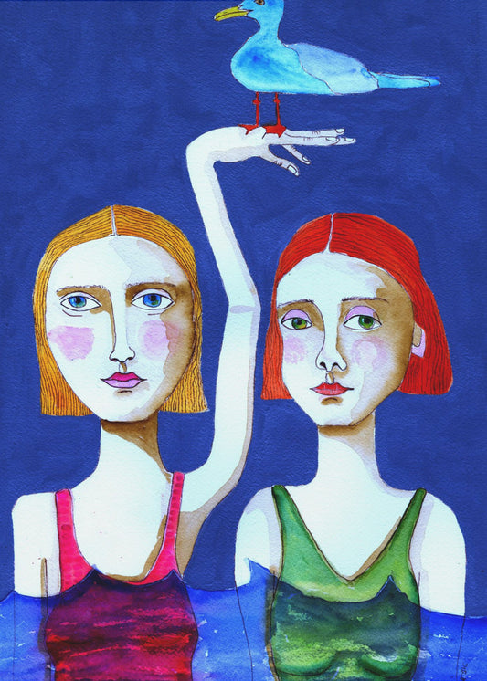 Schwimmende Damen mit blauem Vogel | Leinwand