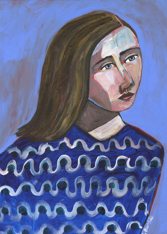 Woman in Blue Sweater Naive Portrait Figurative | Canvas