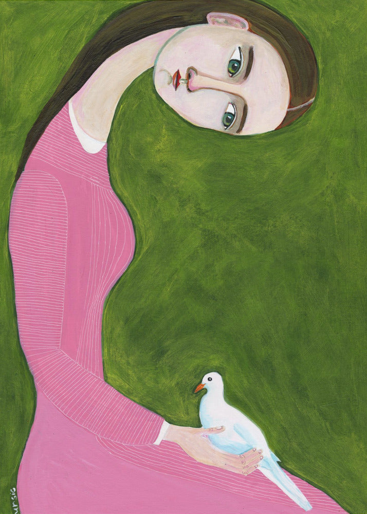 Mädchen mit Taube sitzend im rosa Kleid | Poster