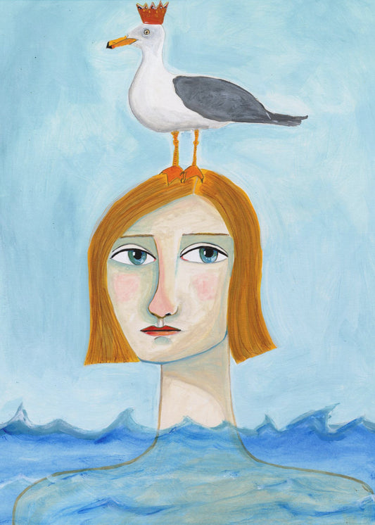Nackte Dame im Ozean mit Möwe | Leinwand