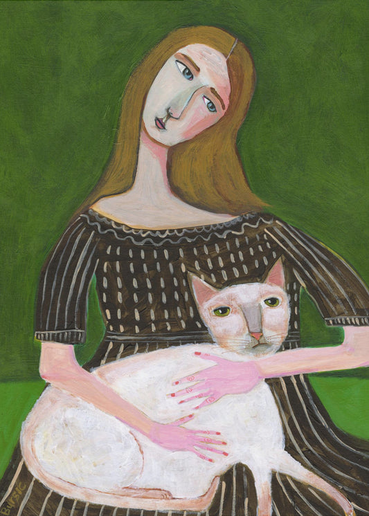 Vintage-Dame mit weißer Katze | Leinwand