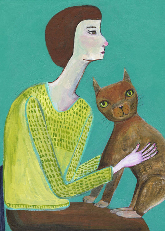 Dame sitzt mit brauner Katze Katzenliebhaber | Leinwand