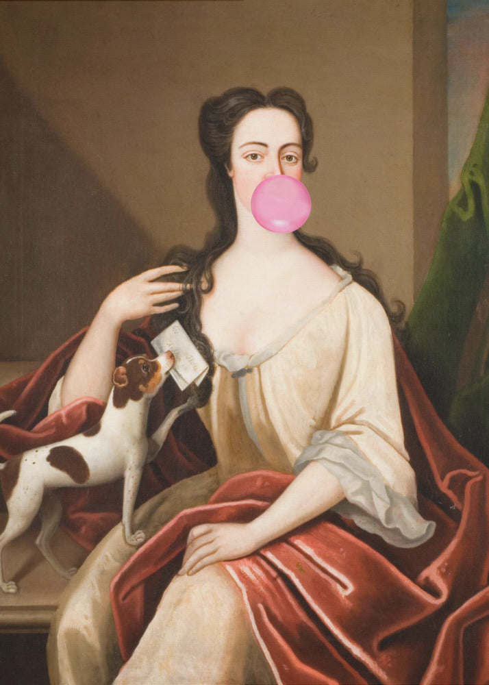 Renaissance Bubble Gum Portrait and Dog / Altered Art | Canvas