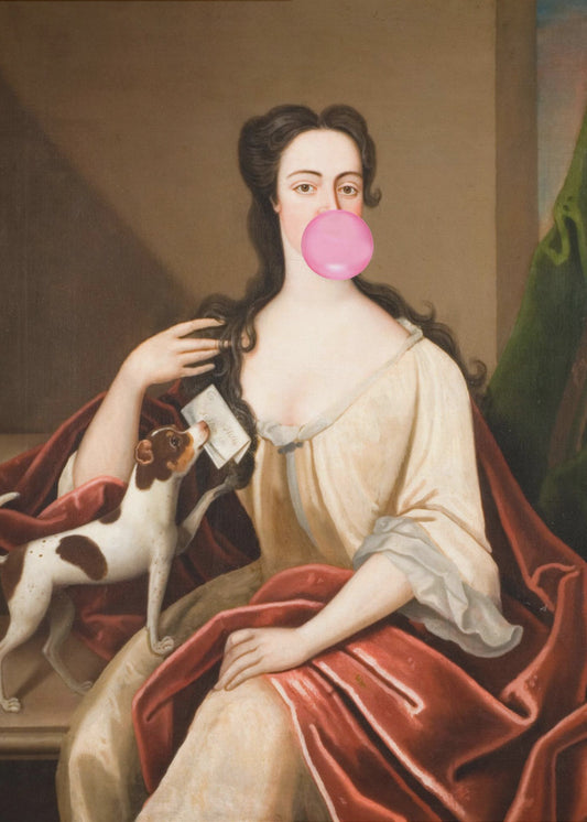 Renaissance Bubble Gum Portrait and Dog / Altered Art | Canvas