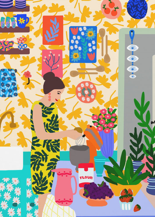 A Woman In A Kitchen With Flowers | Poster