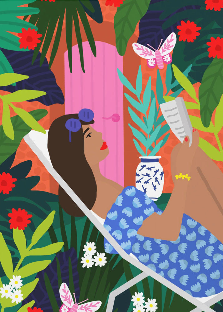Sonnenbadendes Mädchen mit Blumenmuster | Poster