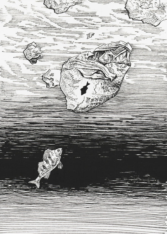 Midless. A Fish in the Plastic Sea Ink Drawing. | Poster