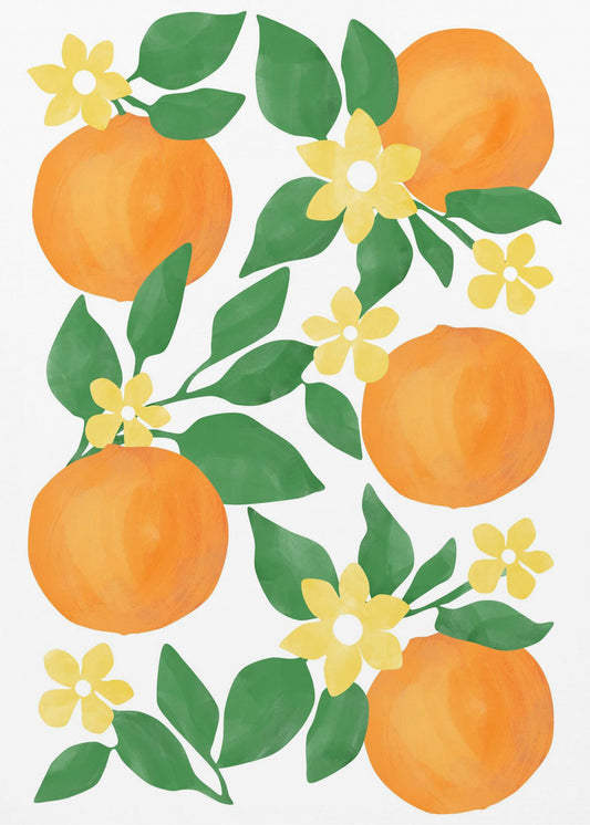 Oranges with Green Leaves and Delicate Yellow Flowers | Canvas