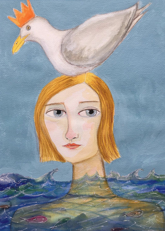 Lady swimmer with seagull | Canvas