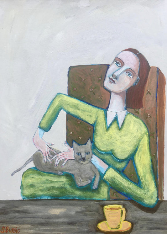 Lady tickling grey cat in chair | Canvas