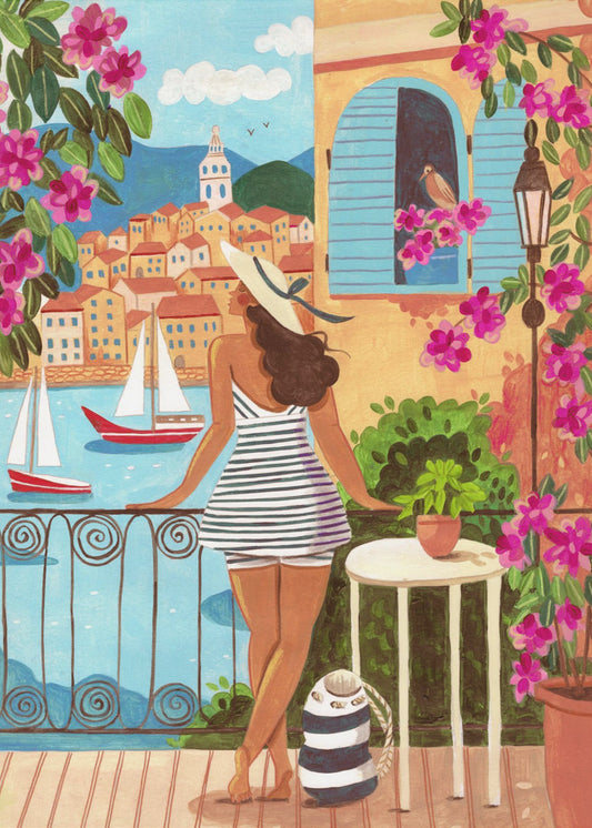 Reiseposter Frau in Saint-Tropez, Frankreich | Leinwand