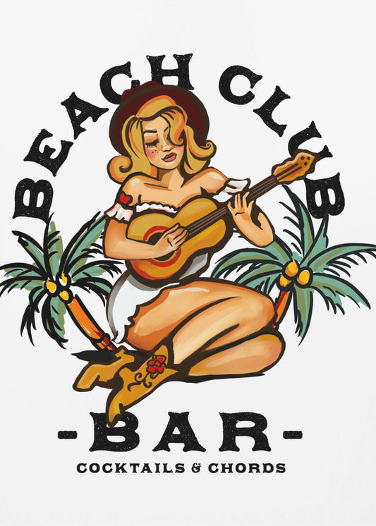 Beach Club Bar. Sailor Jerry Style Pin-up Girl Playing Guitar | Canvas