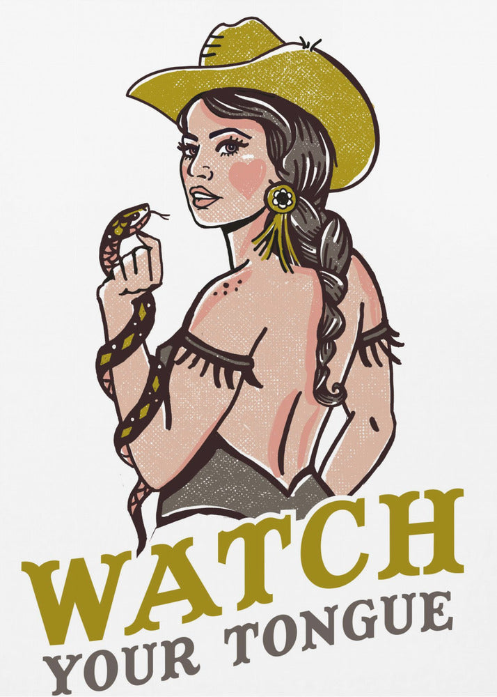 Pass auf deine Zunge auf Badass Pin-Up Cowgirl &amp; Klapperschlange | Leinwand