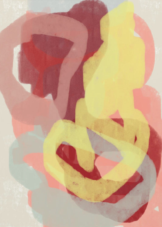 Abstraktes Gemälde in Pastell. Gelb, Rot und Grau. | Leinwand