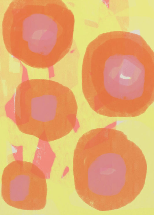 Abstraktes Gemälde. Boho-Rosen in Orange und Pink auf Gelb. | Leinwand