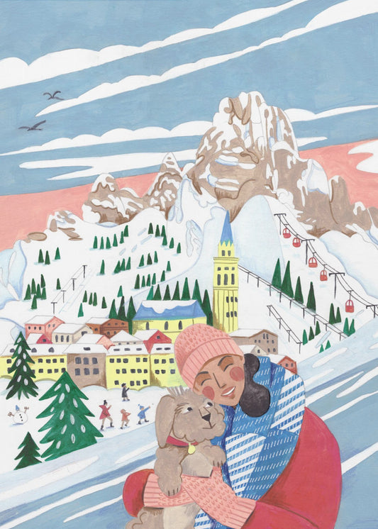 Winterszene Frau und Hund | Leinwand