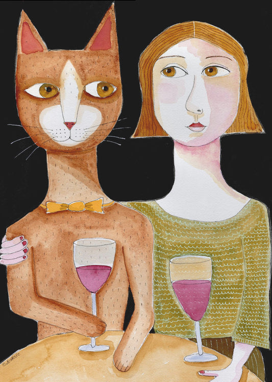 Beste Freunde Katze und Dame trinken Wein | Poster