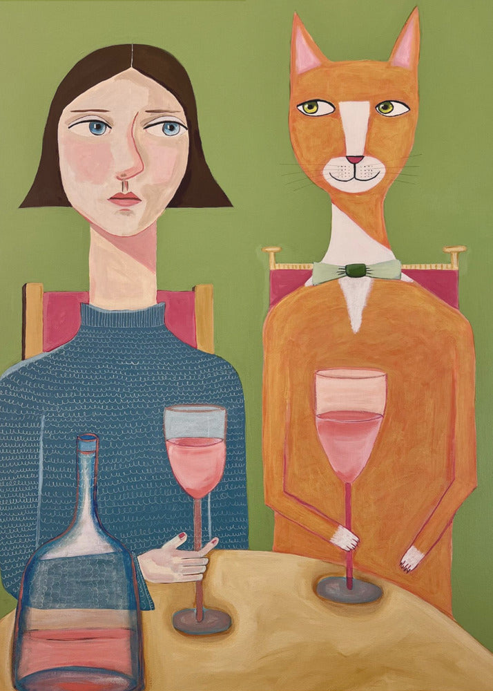 Dame und Katze trinken Wein | Poster