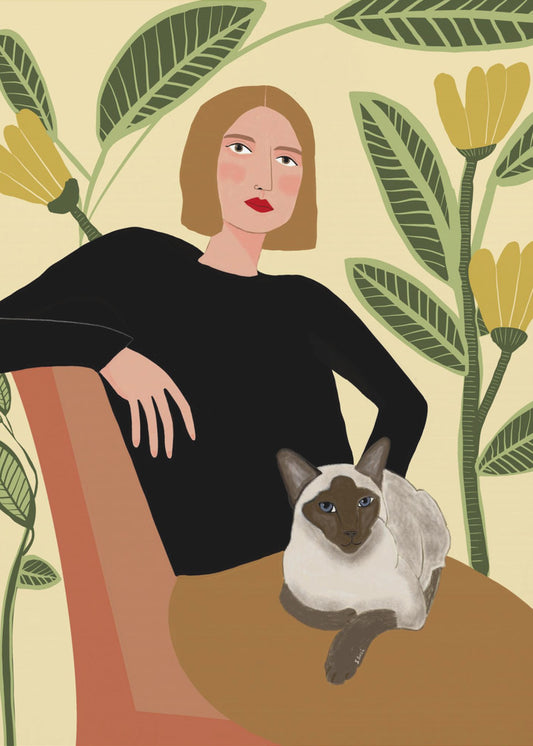 Lady with plants and cat | Canvas