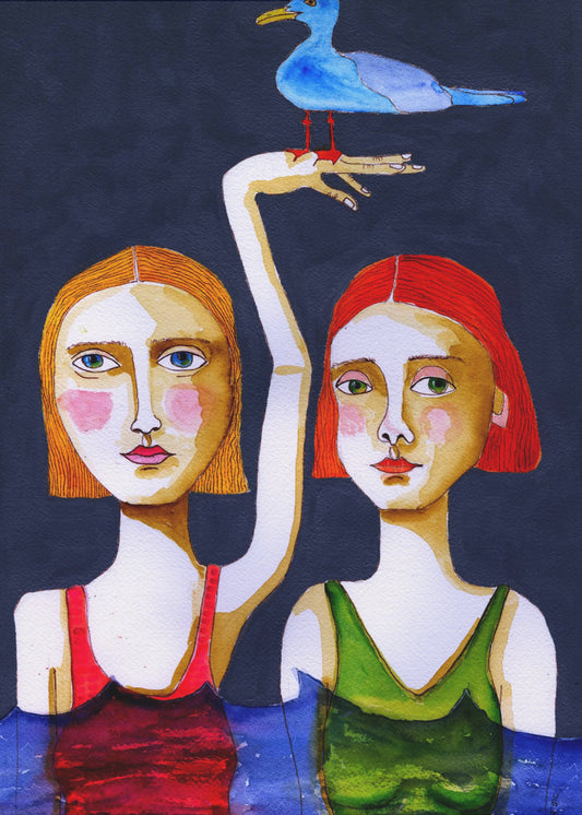 Swimming Girls with Blue Seagul. | Poster